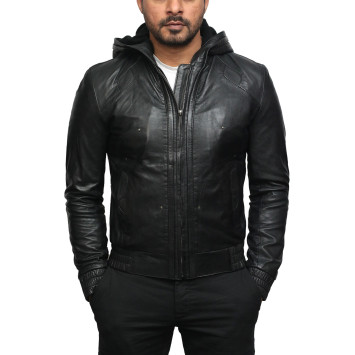 Mens Black Leather Hooded Pilot Jacket