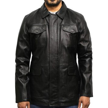 Men's Black Leather Quilted Reefer Jacket
