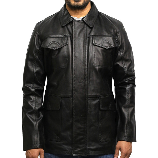 Men's Black Leather Quilted Reefer Jacket
