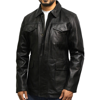 Men's Black Leather Quilted Reefer Jacket
