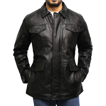 Men's Black Leather Quilted Reefer Jacket