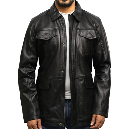 Men's Black Leather Quilted Reefer Jacket
