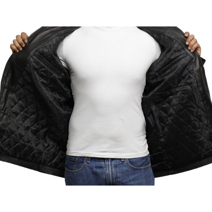 Men's Black Leather Quilted Reefer Jacket