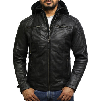 Men’s Black Genuine Leather Hooded Jacket 