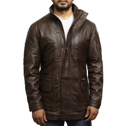 Men's Brown Leather Reefer Jacket