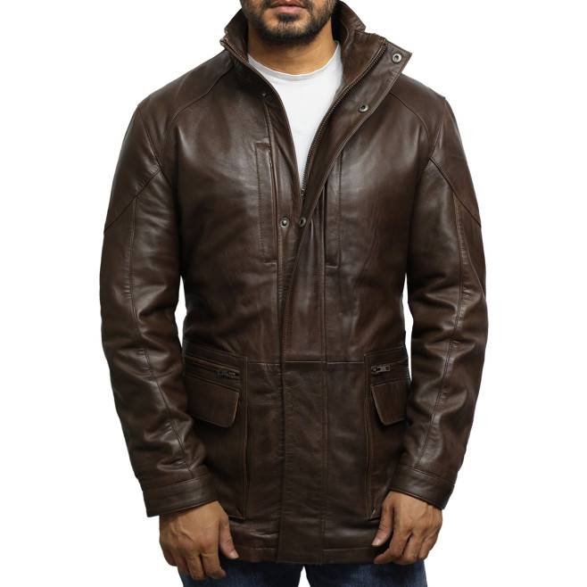 Men's Brown Leather Reefer Jacket