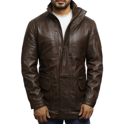 Men's Brown Leather Reefer Jacket