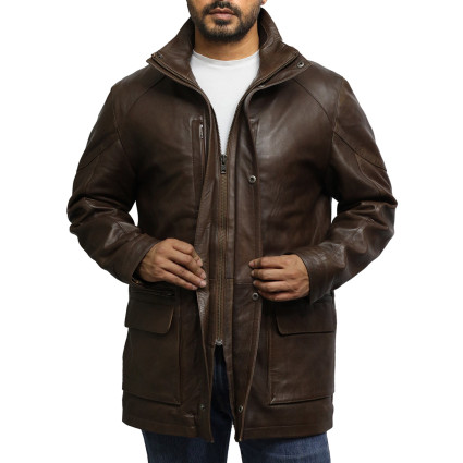 Men's Brown Leather Reefer Jacket