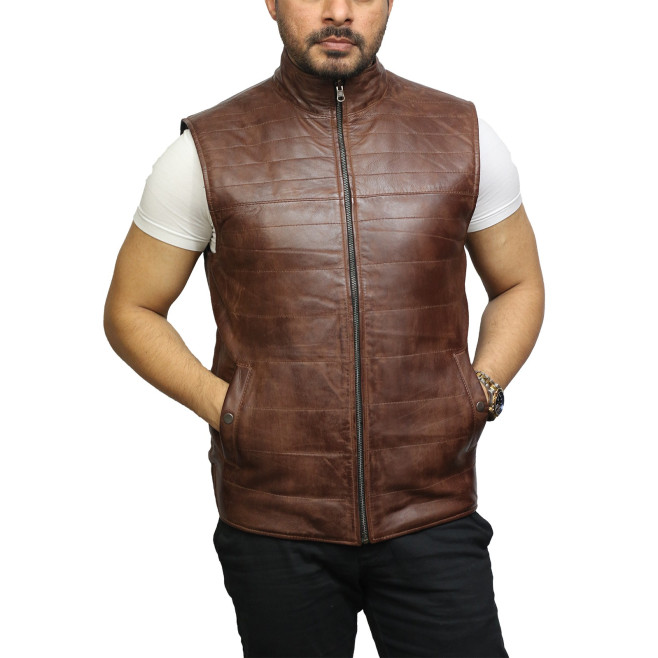 Men's Brown Leather Sleeveless Double-Sided Padded Gilet