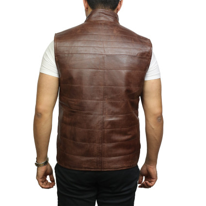 Men's Brown Leather Sleeveless Double-Sided Padded Gilet