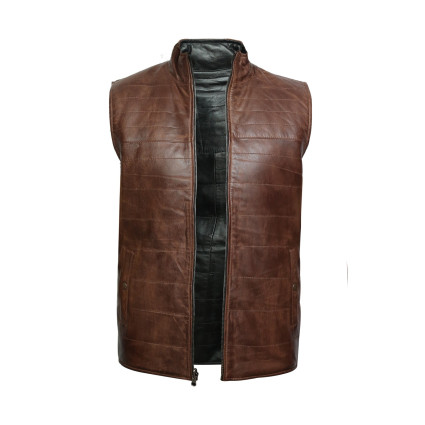 Men's Brown Leather Sleeveless Double-Sided Padded Gilet