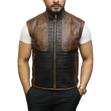 Mens Black & Brown Leather  Body Warmer Sleeveless Waistcoat Gilet