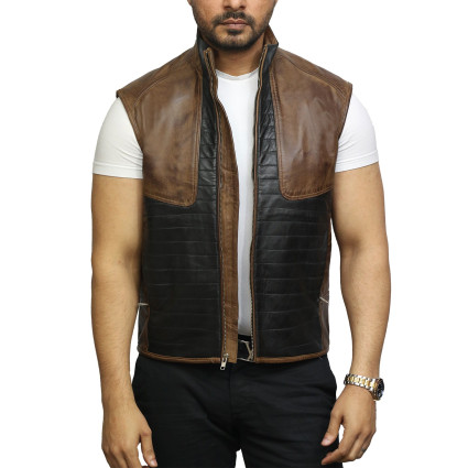 Mens Black & Brown Leather  Body Warmer Sleeveless Waistcoat Gilet