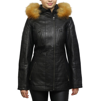 Women's Black Leather Parka Mid-Length Quilted Removable Hooded Trench Coat