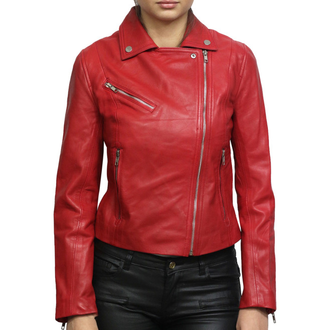 Women Red Leather Biker Jacket 