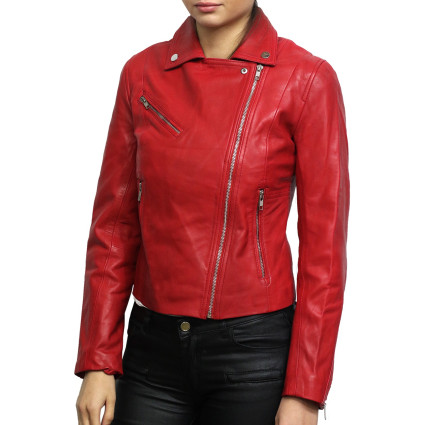 Women Red Leather Biker Jacket 