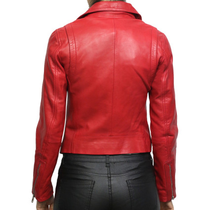 Women Red Leather Biker Jacket 