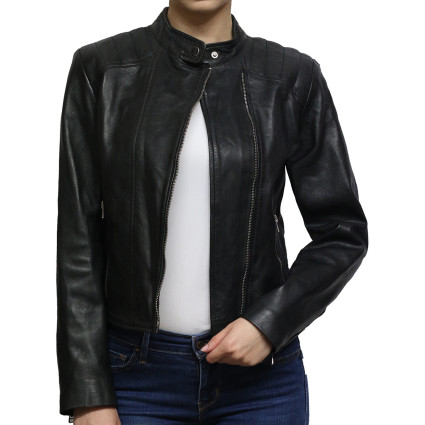 Women’s Black Short Length Geunine Leather Biker Jacket Retro