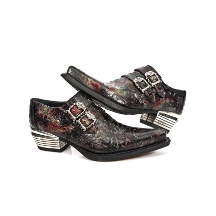 New Rock Embossed Vintage Black, Red Leather Buckle Steel Heel Shoes 7960-S5
