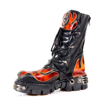 New Rock Black Leather Biker Boots - M106