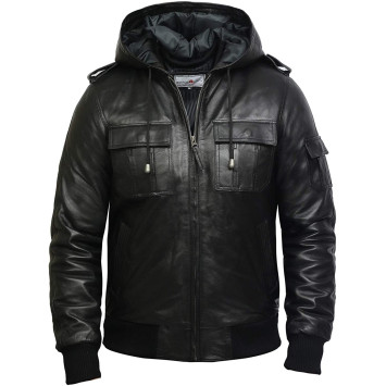 Men's Genuine Leather Biker Jacket With Hood - Tan