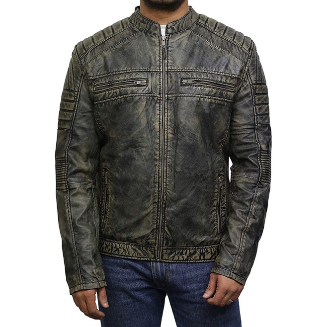 Men's Brown Leather Jacket - Cafe Racer