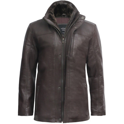 Mens Brown Mid Length Warm Real Leather Jacket -Finn