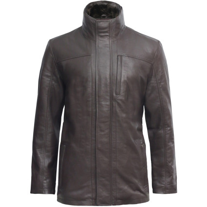 Mens Brown Mid Length Warm Real Leather Jacket -Finn