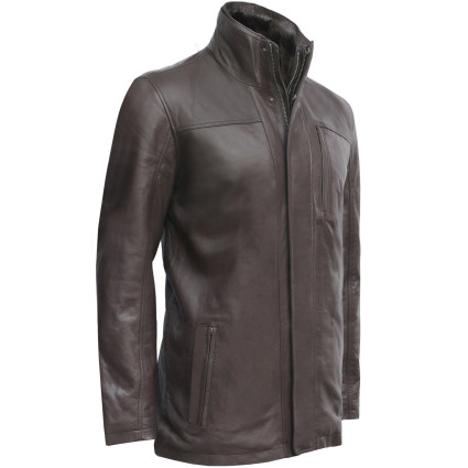 Mens Brown Mid Length Warm Real Leather Jacket -Finn