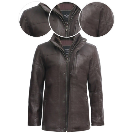 Mens Brown Mid Length Warm Real Leather Jacket -Finn