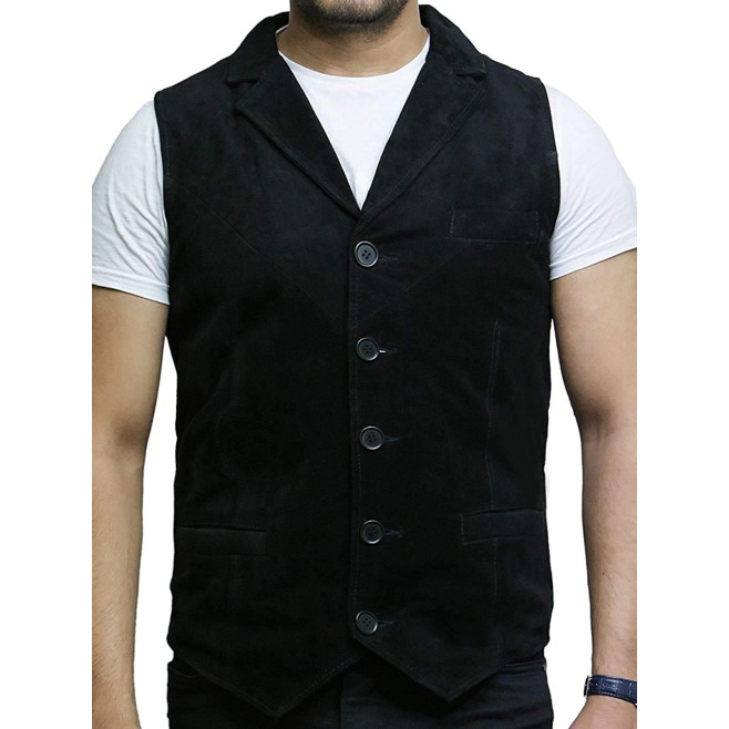 Mens Leather Waistcoat From Smooth Exclusive Goat Suede Classic Smart Black Leather Waistcoat