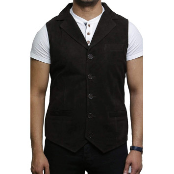 Mens Leather Waistcoat From Smooth Exclusive Goat Suede Classic Smart Brown Leather Waistcoat