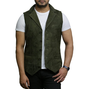 Mens Leather Waistcoat From Smooth Exclusive Goat Suede Classic Smart Green Leather Waistcoat