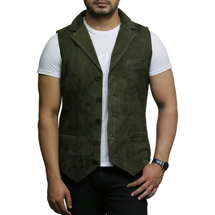 Mens Leather Waistcoat From Smooth Exclusive Goat Suede Classic Smart Green Leather Waistcoat