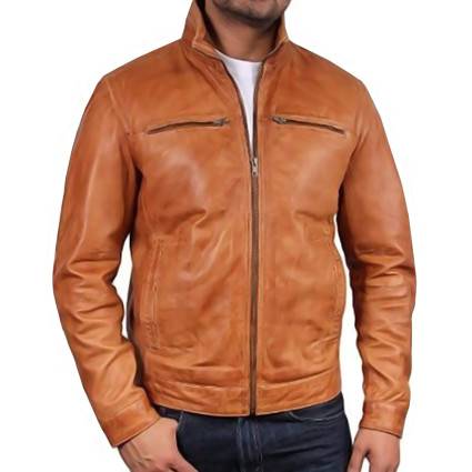 Men's Tan Leather Biker Jacket - Monaco