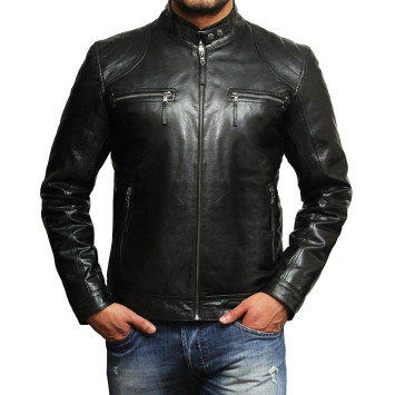 Men's Black Lambskin Genuine Leather Biker Jacket