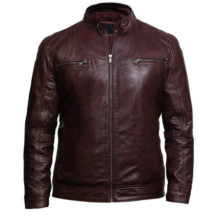 Men's Burgundy Lambskin Genuine Leather Biker Jacket