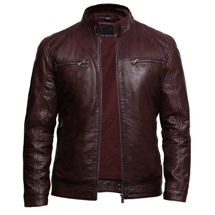 Men's Burgundy Lambskin Genuine Leather Biker Jacket