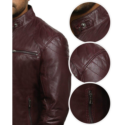 Men's Burgundy Lambskin Genuine Leather Biker Jacket