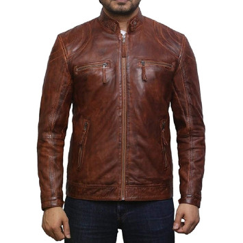 Men's Tan Lambskin Genuine Leather Biker Jacket