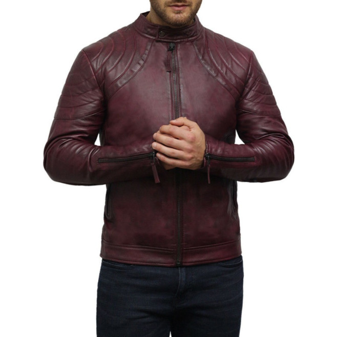 Men's Leather Jacket Waxed Leather Burgundy Leather Biker Jacket