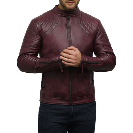 Men's Leather Jacket Waxed Leather Burgundy Leather Biker Jacket
