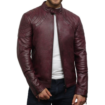 Men's Leather Jacket Waxed Leather Burgundy Leather Biker Jacket