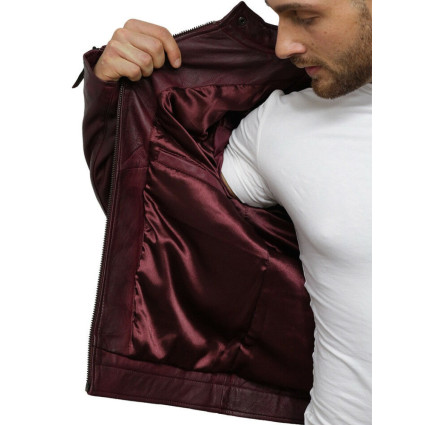 Men's Leather Jacket Waxed Leather Burgundy Leather Biker Jacket