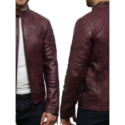 Men's Leather Jacket Waxed Leather Burgundy Leather Biker Jacket