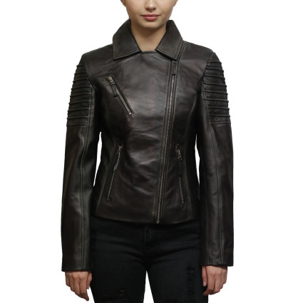 Womens  Black Biker Leather Jacket - Carol 
