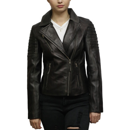 Womens  Black Biker Leather Jacket - Carol 