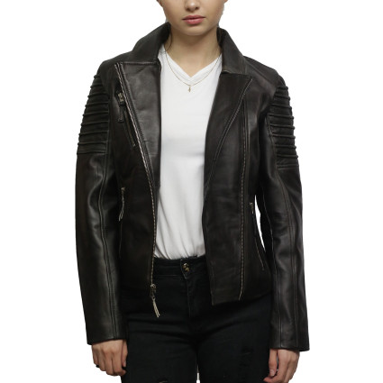 Womens  Black Biker Leather Jacket - Carol 