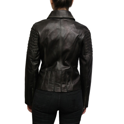 Womens  Black Biker Leather Jacket - Carol 