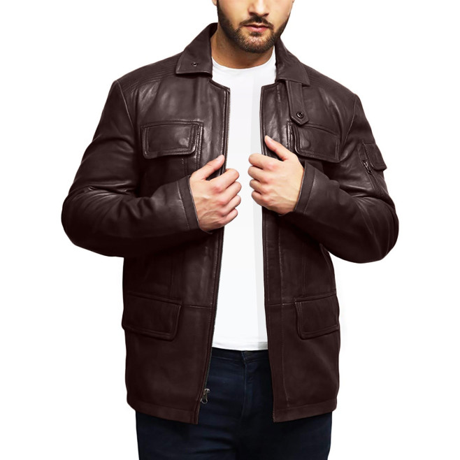 Men's Real Lambskin Leather Jacket Trench Safari Coat Washed